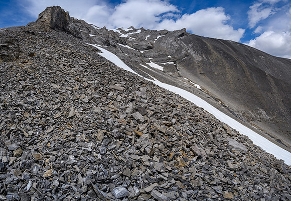 Views back up the complex terrain to the summit.