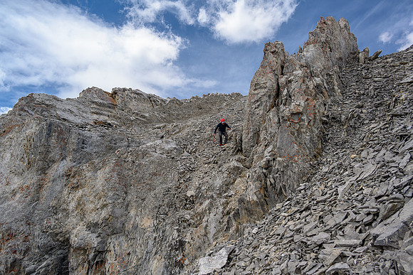 Descending the tricky (and loose) SE ridge.