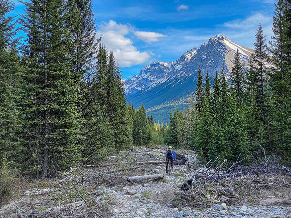 Biking back along the Cascade fire road. Cascade Mountain in the bg.