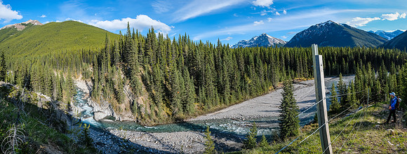On Stony Creek Trail with views over the creek to Cascade and Elaphus over the bison fence.