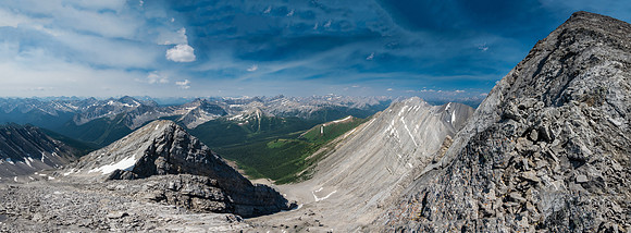 Sira Peak rises at right with the Forty Mile Creek valley in summer green far below.