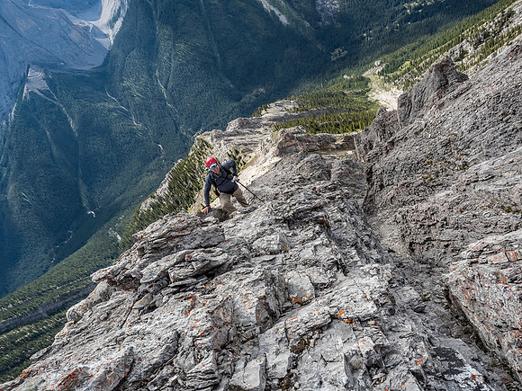 Looking back down the SW ridge and over the chimney / gully that almost ended our day for the third time.