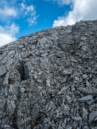 Looking back up the false summit as we descend to our nice (and wrong) ascent gully.