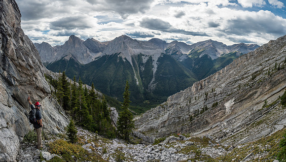 Traversing along cliffs to skier's left.