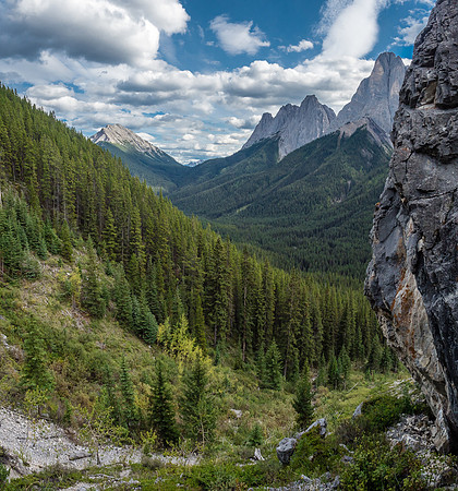 Looking over the main ascent gully from beside the big boulder towards Norquay, Edith and Louis (L to R).