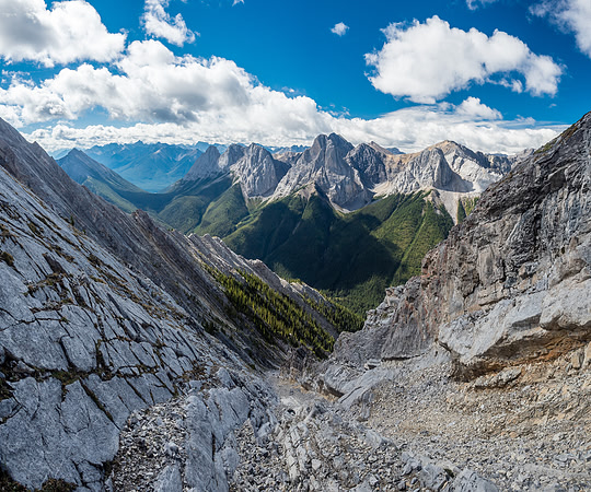The SW ridge rising from lower center to upper left. Norquay, Edith, Louis and Fifi (L to R) in the background.