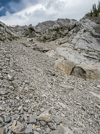 Back in the main approach gully, looking up.