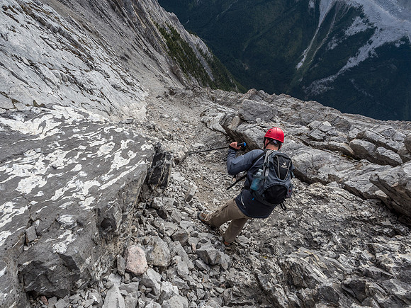 Continuing to the easier descent gully.