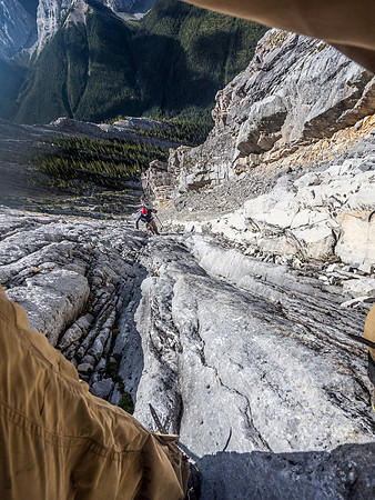 Looking back through my legs as we continue to enjoy the dry slabs / ribs on ascent.