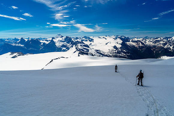 The day has already gone 'nuclear' and it's only around noon as we trudge down the south shoulder of Christian Peak.