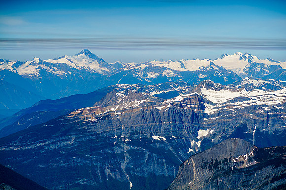 The Adamants at right with Sir Sanford at left - the highest peak in the Selkirks at around 11,500 feet.