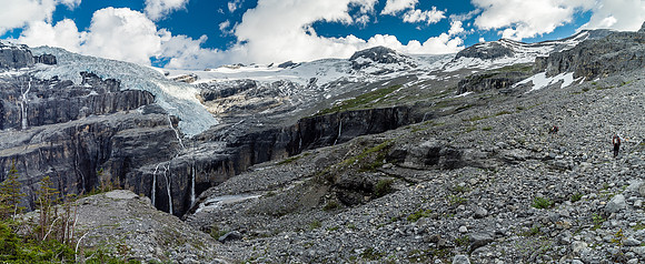 Too many waterfalls to count as we slowly contour high on climber's right towards the distant glacier.