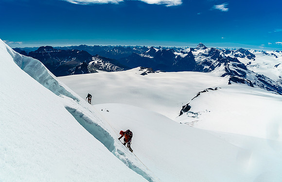 Tricky terrain over the 'schrund on the south face of Christian Peak. Trust me. These holes are bottomless.