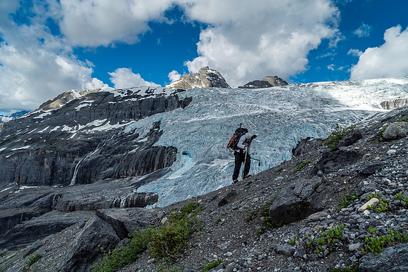 Steven starts the grunt up the hardpack lateral moraine.