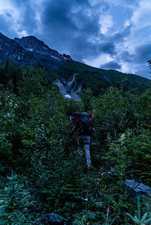 Light bushwhacking as we head for the open drainage visible ahead and above us.