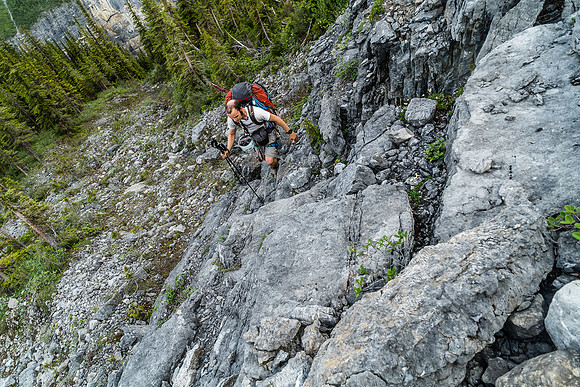 Scrambling up another  rocky ledge as we break treeline.