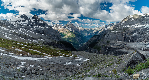 The moraine is huge and very obvious, looking back down Icefall Brook towards Mons (L) and Arras (C).