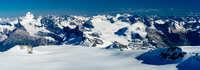 An amazing late evening panorama looking down the main Lyell Icefield towards Mount Forbes (L) and the Mons Icefield at right.