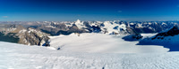 The entire main Lyell Icefield stretches out towards the Forbes and Mons Glaciers and summits. Arctomys at mid left