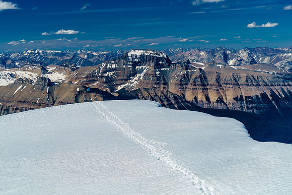 Looking over our ascent tracks to the northeast at the magnificent summit of Mount Saskatchewan - a possible 11,000er?