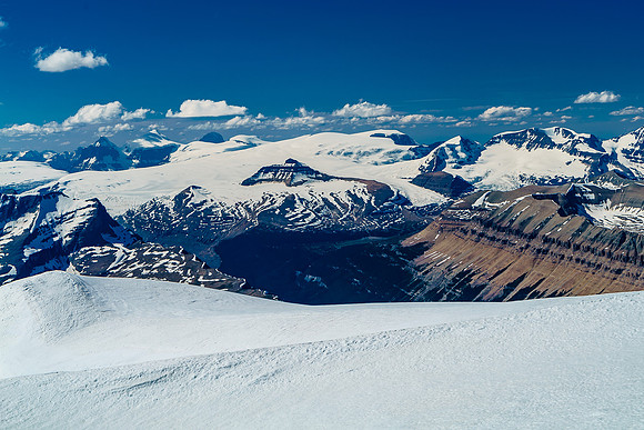 Castleguard at center with South Twin, North Twin, Alberta, Stutfield, Kitchener, Snow Dome, Androlumbia and Andromeda