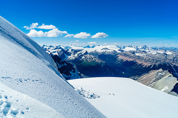 Looking across the north face of Ernest from near the 'schrund towards the Columbia Icefield.