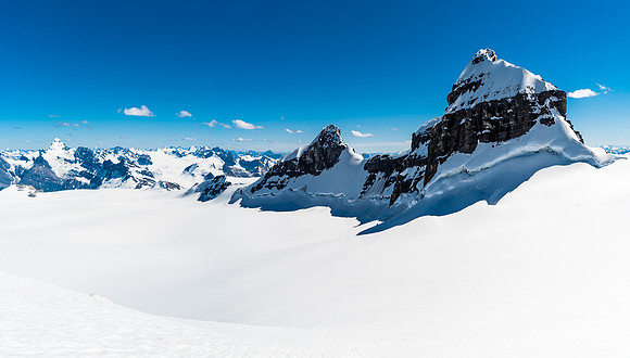 Looking back down the icefield past Walter and Christian Peaks.