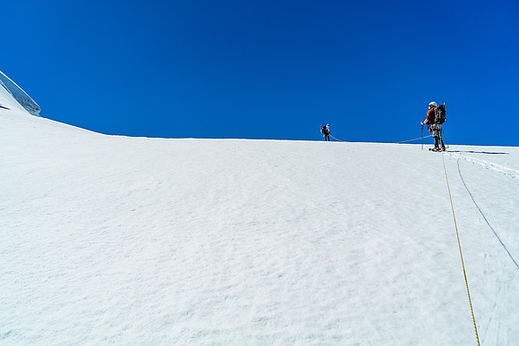 Almost at the col, starting to trend climber's left towards Ernest.