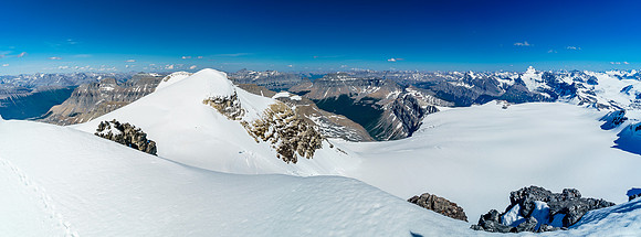 Looking southeast over Edward and Rudolph peaks and the main Lyell Icefield at right of center beneath.