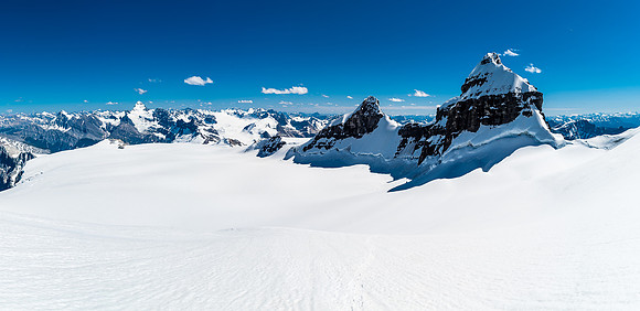 Looking back down the icefield past Walter and Christian Peaks.