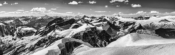 A B&W panorama looking north over Alexandra and Oppy towards the Columbia Icefield.