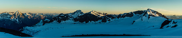 Finally over the south shoulder of Christian, looking across the SW Lyell Glacier towards Arras, Tivoli, Rostrum, Icefall and Lens Peak