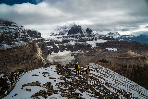 Descending the south ridge of Little Alberta with Twins Tower in the background. Note the tarn at the base of the north face?