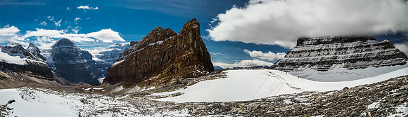 A panorama from just below Woolley Shoulder with Little Alberta in the center, surrounded by giants on every side.