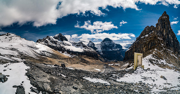 The biffy with the north face of Little Alberta not looking so little anymore.