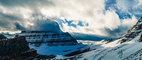 A glance back at the brooding Mount Alberta behind us.