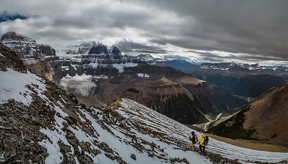 Descending the south ridge of Little Alberta with Twins Tower in the background. Note the tarn at the base of the north face?