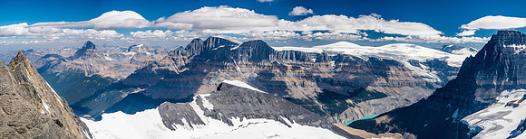 Mount Alberta, Woolley, Twins Tower, North Twin, West Twin, South Twin, Kitchener, Snow Dome, Andromeda and of course, Mount Columbia (L to R).