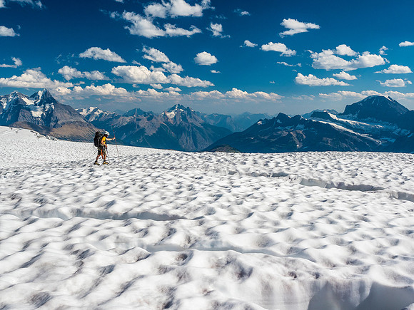 Ben carefully probes for the edges of another crevasse.