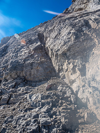 Looking up a steep, but relatively solid crack that we used to ascend the bottom part of the east face.