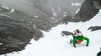 Vern downclimbs the steep snow gully next to the west ridge. Photo by Steven Song.