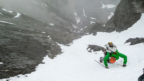 Vern downclimbs the steep snow gully next to the west ridge. Photo by Steven Song.