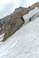 Ben descends the short ice section just above the schrund.