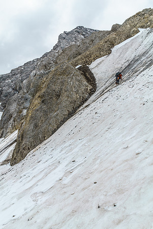 Ben descends the short ice section just above the schrund.
