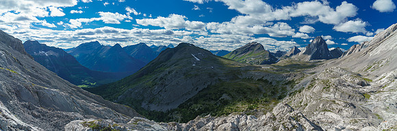 Burstall Pass Peak at center, Snow Peak to the right and Mount Smuts and Birdwood on the right.