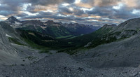 Our evening views from just above the bivy site on top of a moraine, looking west into the remote and wild Spray River Valley.