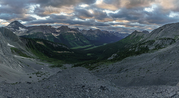 Our evening views from just above the bivy site on top of a moraine, looking west into the remote and wild Spray River Valley.