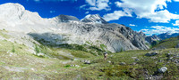 South Burstall Pass, looking ahead at the spur / ridge extending from Whistling Rock Peak at left and cutting in front of Sir Douglas.