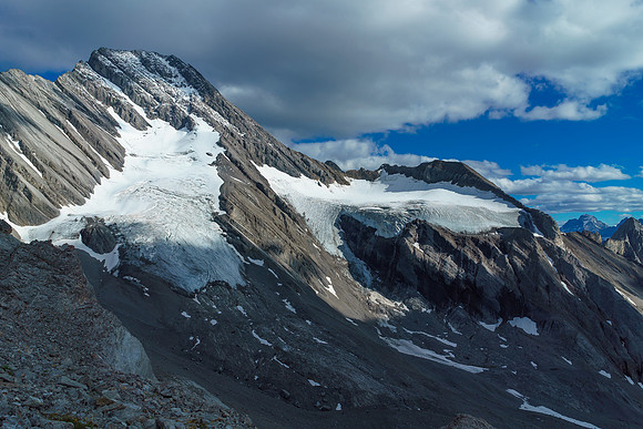 The left hand glacier is the access to the NW face direct and the right hand glacier is our access to the skyline West Ridge route.