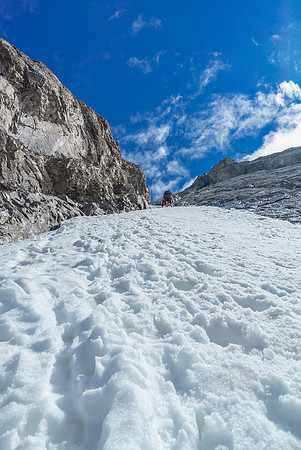 Steep snow on the SW face helped us avoid another 150 vertical meters of rock on descent.